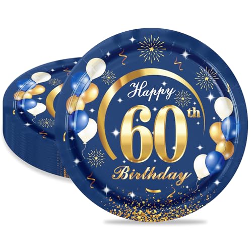 MORAINJAY 60 Geburtstag Pappteller,16 Stück Blau mit Gold Pappteller für Mann Frau 60 Geburtstag Party,9inch/23cm Pappteller für 60. Geburtstag Party Deko von MORAINJAY