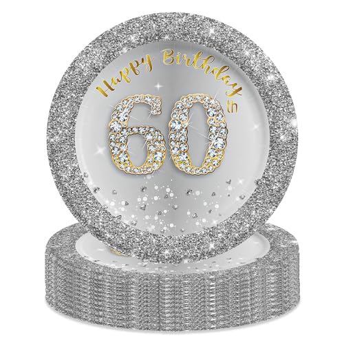 MORAINJAY 60 Geburtstag Pappteller,16 Stück Silbernes mit Gold Pappteller für Mann Frau 60 Geburtstag Party,7inch/18c m Pappteller für 60. Geburtstag Party Deko von MORAINJAY