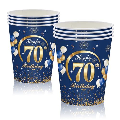 MORAINJAY 70 Geburtstag Papierbecher,16 Stück Blau mit Gold Papierbecher für Mann Frau 70 Geburtstag Party,9oz/250ml Papierbecher für 70. Geburtstag Party Deko von MORAINJAY