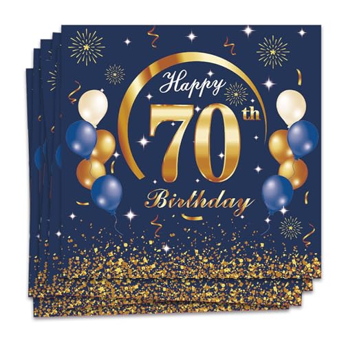 MORAINJAY 70 Geburtstag Papierserviette,20 Stück Blau mit Gold Geburtstagsservietten für Mann Frau 70 Geburtstag Party,16.5cm Quadrat Servietten für 70. Geburtstag Party Deko von MORAINJAY