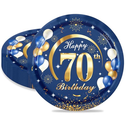 MORAINJAY 70 Geburtstag Pappteller,16 Stück Blau mit Gold Pappteller für Mann Frau 70 Geburtstag Party,9inch/23cm Pappteller für 70. Geburtstag Party Deko von MORAINJAY