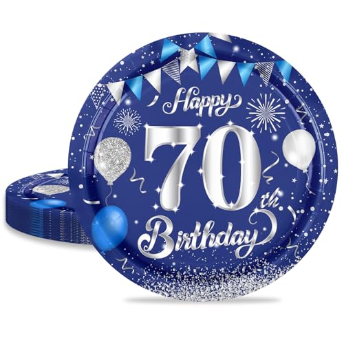 MORAINJAY 70 Geburtstag Pappteller,16 Stück Blau mit Silver Pappteller für Mann Frau 70 Geburtstag Party,9inch/23cm Pappteller für 70. Geburtstag Party Deko von MORAINJAY