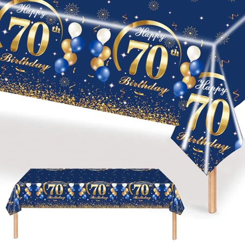 MORAINJAY 70 Geburtstag Tischdecke,137x274cm Blau mit Gold Tischdecke für Mann Frau 70 Geburtstag Party,Rechteckige Tischdecke für Geburtstag Party Deko zum 70. von MORAINJAY