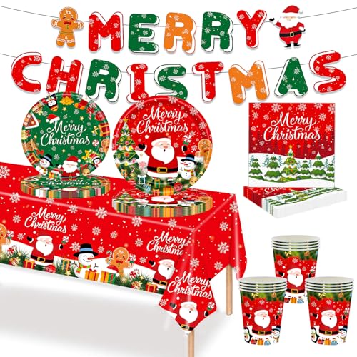 MORAINJAY 70-teiliges Weihnachts-Papiergeschirr-Set, Weihnachtsmann- und Lebkuchenmann-Druck, Tischdekoration mit Pappbechern, Banner, Papptellern und Servietten für Heiligabend und Weihnachtsfeier von MORAINJAY