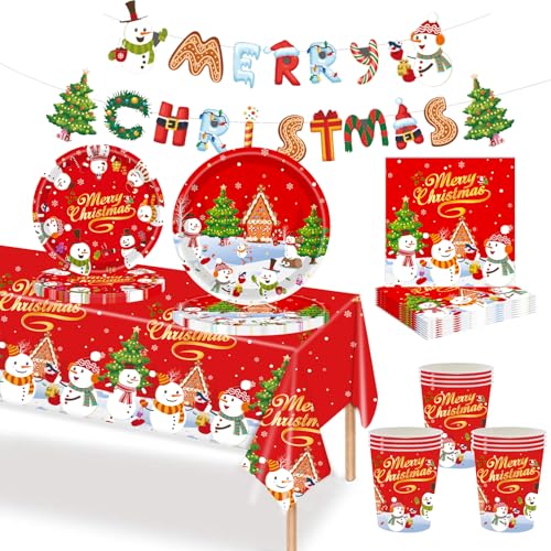 MORAINJAY 70-teiliges Weihnachts-Papiergeschirr-Set, Weihnachtsmann- und Lebkuchenmann-Druck, Tischdekoration mit Pappbechern, Banner, Papptellern und Servietten für Heiligabend und Weihnachtsfeier von MORAINJAY