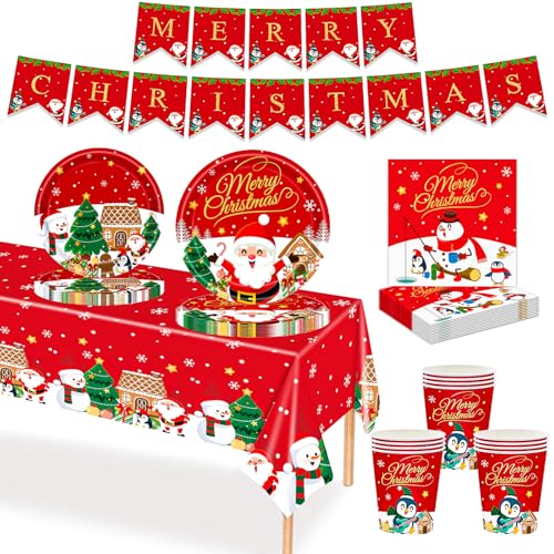 MORAINJAY 70-teiliges Weihnachts-Papiergeschirr-Set, Weihnachtsmann- und Lebkuchenmann-Druck, Tischdekoration mit Pappbechern, Banner, Papptellern und Servietten für Heiligabend und Weihnachtsfeier von MORAINJAY