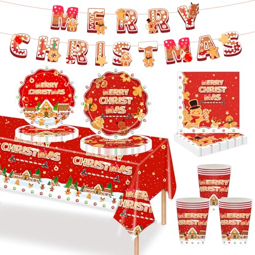 MORAINJAY 70-teiliges Weihnachts-Papiergeschirr-Set, Weihnachtsmann- und Lebkuchenmann-Druck, Tischdekoration mit Pappbechern, Banner, Papptellern und Servietten für Heiligabend und Weihnachtsfeier von MORAINJAY