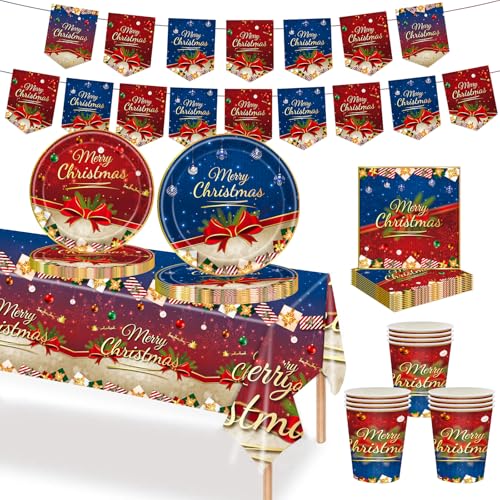 MORAINJAY 70-teiliges Weihnachts-Papiergeschirr-Set, Weihnachtsmann- und Lebkuchenmann-Druck, Tischdekoration mit Pappbechern, Banner, Papptellern und Servietten für Heiligabend und Weihnachtsfeier von MORAINJAY