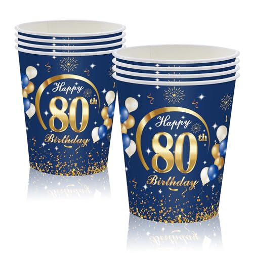 MORAINJAY 80 Geburtstag Papierbecher,16 Stück Blau mit Gold Papierbecher für Mann Frau 80 Geburtstag Party,9oz/250ml Papierbecher für 80. Geburtstag Party Deko von MORAINJAY