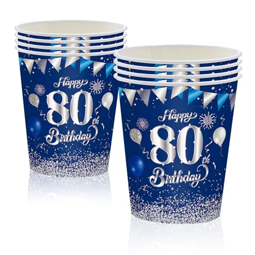 MORAINJAY 80 Geburtstag Papierbecher,16 Stück Blau mit Silver Papierbecher für Mann Frau 80 Geburtstag Party,9oz/250ml Papierbecher für 80. Geburtstag Party Deko von MORAINJAY