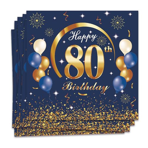 MORAINJAY 80 Geburtstag Papierserviette,20 Stück Blau mit Gold Geburtstagsservietten für Mann Frau 80 Geburtstag Party,16.5cm Quadrat Servietten für 80. Geburtstag Party Deko von MORAINJAY