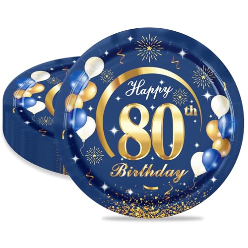 MORAINJAY 80 Geburtstag Pappteller,16 Stück Blau mit Gold Pappteller für Mann Frau 80 Geburtstag Party,9inch/23cm Pappteller für 80. Geburtstag Party Deko von MORAINJAY