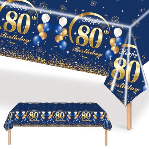 MORAINJAY 80 Geburtstag Tischdecke,137x274cm Blau mit Gold Tischdecke für Mann Frau 80 Geburtstag Party,Rechteckige Tischdecke für Geburtstag Party Deko zum 80. von MORAINJAY