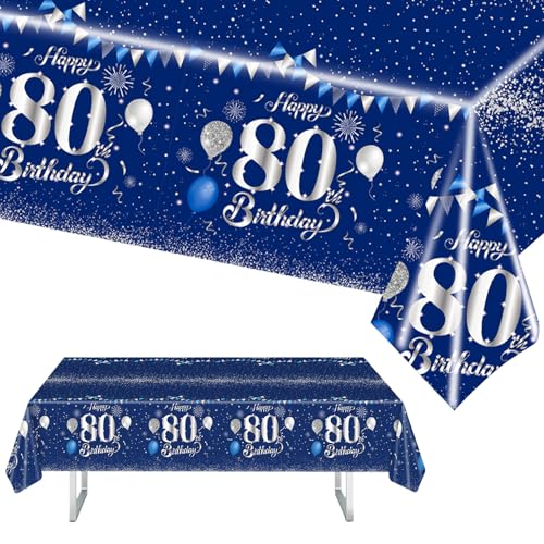 MORAINJAY 80 Geburtstag Tischdecke,137x274cm Blau mit Silver Tischdecke für Mann Frau 80 Geburtstag Party,Rechteckige Tischdecke für Geburtstag Party Deko zum 80. von MORAINJAY