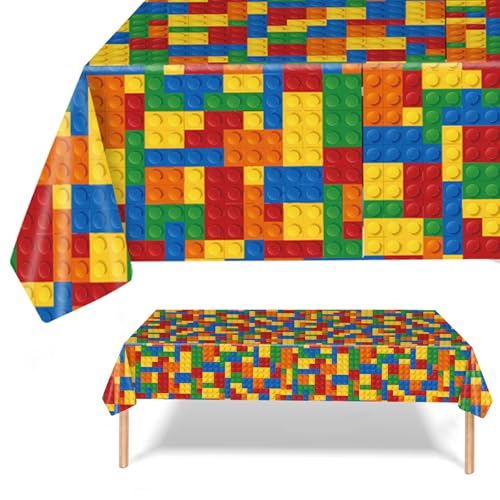 MORAINJAY Multicolor Bausteine Tischdecke Partyzubehör Geburtstagstischdecke, 137 x 274 cm Tischdecke Rechteckige Block Geburtstagstischdecke aus Kunststoff Mehrfarbige Spielzeugsteine für Kinder von MORAINJAY