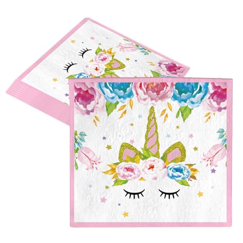 MORAINJAY Einhorn Geburtstag Servietten, 20 Stück Rosa Prinzessinnen Party Servietten Tischdeko, 33x33cm Papierservietten Paper Napkins, Kindergeburtstag Party Zubehör für Mädchen Deko Tischserviette von MORAINJAY