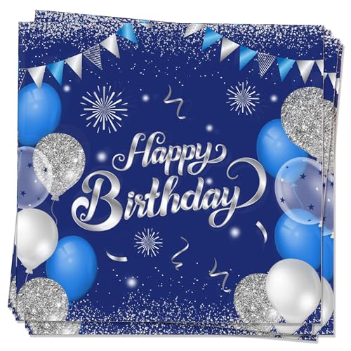 MORAINJAY Geburtstag Papierserviette,20 Stück Blau mit Silver Geburtstagsservietten für Mädchen Junge Geburtstag Party,16.5cm Quadrat Servietten für Geburtstag, Geburtstag Party Deko von MORAINJAY