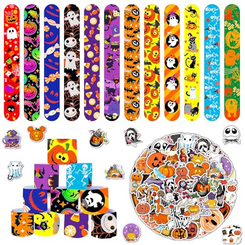 MORAINJAY 36 Stück Halloween-Slap-Armbänder und 50 Sticker, Halloween-Slap-Bänder für Partytüten, Halloween-Geburtstagsgeschenke für Kinder, Mitgebsel für Mädchen und Jungen, Halloween-Partybedarf von MORAINJAY