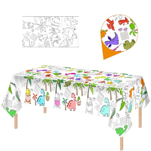 Papier Tischdecke zum Ausmalen,137x274cm Ausmaltischdecke zum Kinder Beschäftigung,Rechteck Wasserdicht Rätsel Tischdecke,Dinosaurier Thema Partydekorationen beim Kindergeburtstag von MORAINJAY