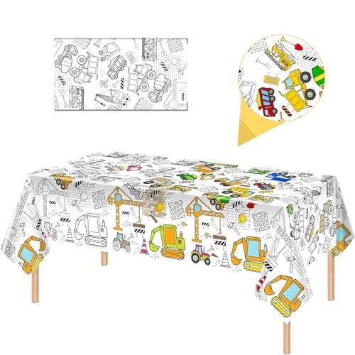 Papier Tischdecke zum Ausmalen,137x274cm Ausmaltischdecke zum Kinder Beschäftigung,Rechteck Wasserdicht Rätsel Tischdecke,Ingenieurfahrzeug Thema Partydekorationen beim Kindergeburtstag von MORAINJAY