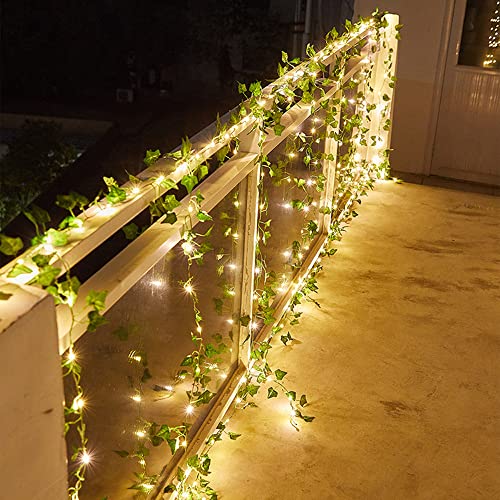 MOREASE Solar Künstlicher Efeu Blätter Girlande Lichterketten 5m 50 LED Gefälschte Pflanzen Warmweiß Efeu Rebe Lichterkette Blätter für Home Garten Party Hochzeit Weihnachtszimmer Veranda Grün Dekor von MOREASE