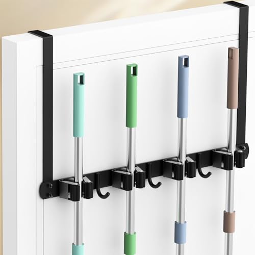 MOREMOCO Besenhalterung Wand über der Tür, Besenhalter Gerätehalter Wandhalterung Edelstahl Besen Mop Halter Selbstklebend Werkzeughalter Organizer mit 4 Halter und 3 Haken 1PCS von MOREMOCO