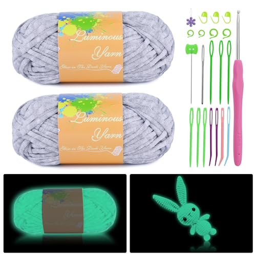 MORFEN 2 x 50 g Garn zum Häkeln, leuchtet im Dunkeln, einfaches Garn für Anfänger mit leicht zu sehenden Stichen, Anfängergarn zum Häkeln und Stricken mit Maschenmarkierern (Grau), WF-0112S von MORFEN