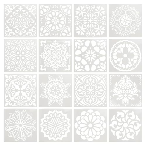 MOROBOR Mandala-Bodenmalerei-Schablonen, wiederverwendbare DIY-Kunst- und Bastelschablonen zum Malen auf Holz, Leinwand, Papier, Wand und Fliesen, Mini-Fliesen, 15,2 x 15,2 cm, 16 Stück von MOROBOR