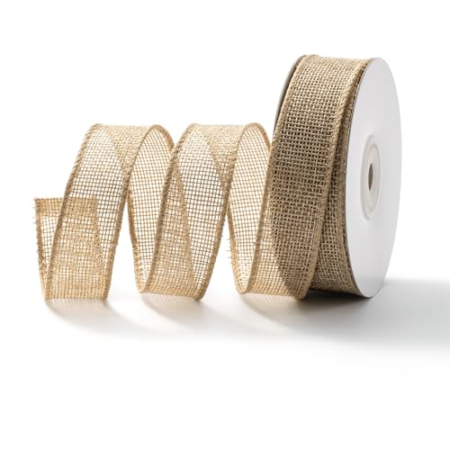 MORSUNBELA Geschenkband Natur Goldband Schleifenband mit Draht Juteband mit Drahtkante Seidenband Jute Dekoband,25 mm x 6,3 m von MORSUNBELA