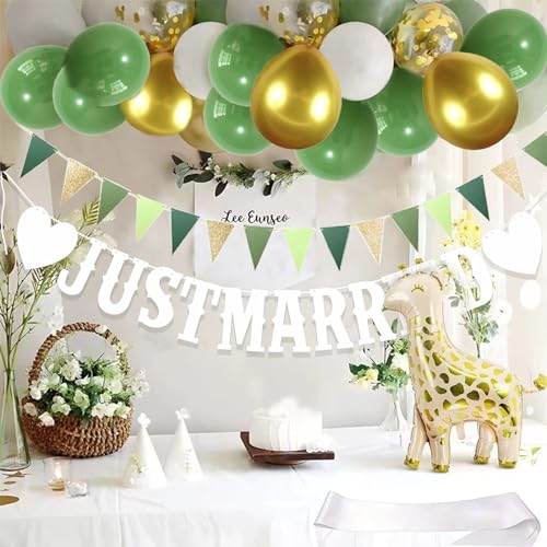 MOSNOW Luftballons Hochzeit Deko Salbeigrün,Just Married Girlande Ballons,Luftballons Grün Gold Weiß,Hochzeitsdeko Luftballons Set,Wimpelkette Outdoor Grün von MOSNOW