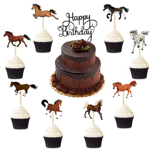 MOSNOW Pferde Cake Topper Horse Kindergeburtstag Tortendeko Pferd Cupcake Dekoration 8 Arten Kuchendeckel mit 1 Schwarz Glitter Happy Birthday Kuchendeko Tortenstecker Geburtstag von MOSNOW