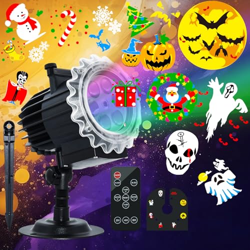 MOSSNDAR Halloween Deko, Hohe Helligkeit Halloween Projektor Aussen, 96 Muster 10 Urlaubsthema Wasserdichte Projektor Lichter mit Fernbedienung, LED Schneeflocken Projektionslampe Innen Aussen von MOSSNDAR