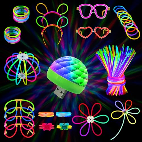 MOSSNDAR Knicklichter Party Set, Leuchtstäbe mit Mini Led Discokugel für Kinder Neon Party Deko,Glow Sticks mit Neon Brille Ball Armbänder für Halloween Weihnachten Feuerwerk Party Silvester Deko 2025 von MOSSNDAR