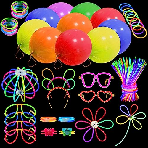 MOSSNDAR Knicklichter Party Set, Leuchtstäbe für Kinder mit Große Ballons,Neon Brille,Leuchtende Armbänder, Glow Sticks für Neon Party Deko Halloween Weihnacht Silvester Deko 2025 Feuerwerk Party von MOSSNDAR