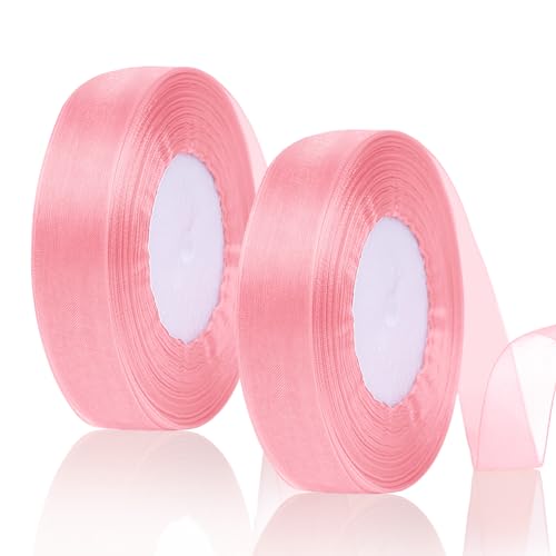 2 Rollen 45m Satinband Rot 20mm, Geschenkband Transparentes Organzaband Dekoband zum Geschenkverpackung Bastelarbeiten Blumensträuße Haarschleifen Geburtstag und Hochzeitsdekoration (Rosa) von MOSTFUN