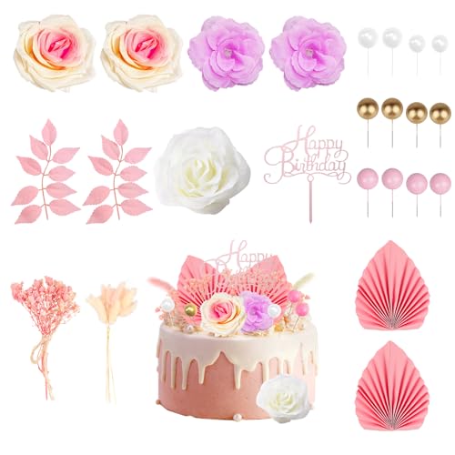 36 Stück Tortendeko Blumen Boho Tortendeko, Künstliche Rosenblüten Blätter Palmenfächer Getrocknete Gräser Kuchenbällchen Kuchenkarte, Wiederverwendbare DekoTorte für Party Hochzeit Geburtstag von MOSTFUN