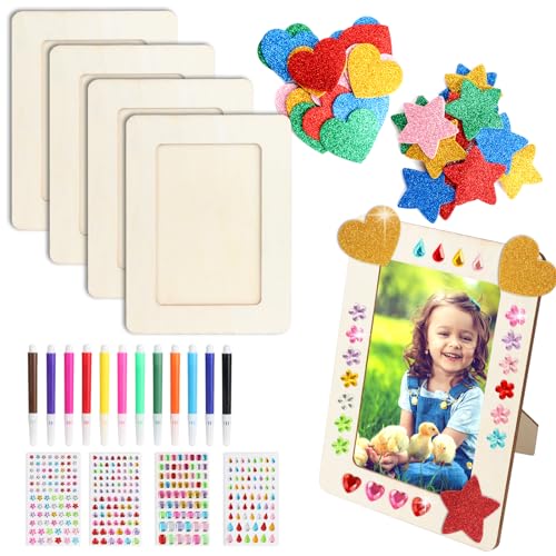 MOSTFUN 4 Stück DIY Holz Bilderrahmen Set, 19x14 cm Kinder Bilderrahmen mit Selbstklebende Glitzersteine Glitter Sticker Bunte Stifte, Kreativität Fotorahmen für Kindergeburtstag Geschenke von MOSTFUN