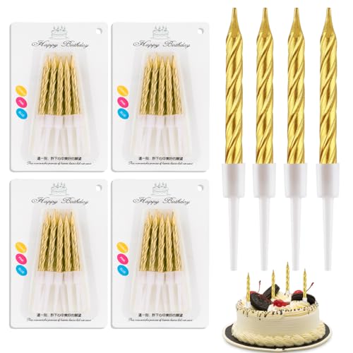 40 Stücke Geburtstagskerzen, Spiral Metallisch Kerzen Geburtstag für Torte, Kuchenkerzen mit Halterung, Kurze Dünne Kerzen für Geburtstag Hochzeit Party Kuchen Dekorationen (Gold) von MOSTFUN