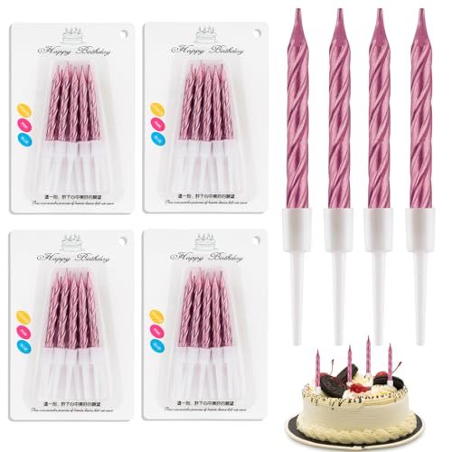 40 Stücke Geburtstagskerzen, Spiral Metallisch Kerzen Geburtstag für Torte, Kuchenkerzen mit Halterung, Kurze Dünne Kerzen für Geburtstag Hochzeit Party Kuchen Dekorationen (Rosa) von MOSTFUN