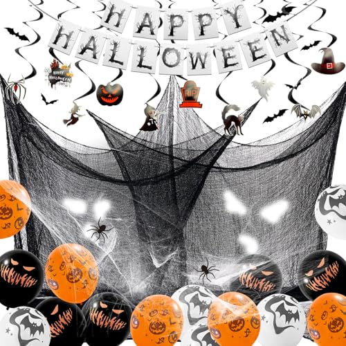 Halloween Deko Set, Happy Halloween Girlande Hängende Spiralen Halloween Luftballons Schwarz Gruselig Tuch 20g Spinnennetz Fledermäuse für Halloween Party Outdoor Innen Deko von MOSTFUN