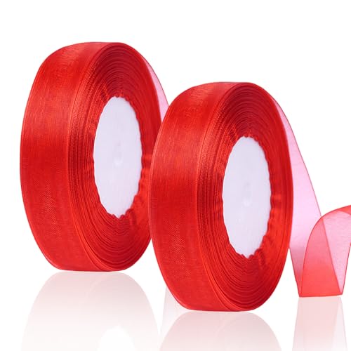 MOSTFUN 2 Rollen Organzaband Rot 45m x 20mm Chiffo Geschenkband Transparentes Organzaband Chiffonband Dekoband für Geschenkverpackung Hochzeit Taufe Geburtstag Weihnachten von MOSTFUN