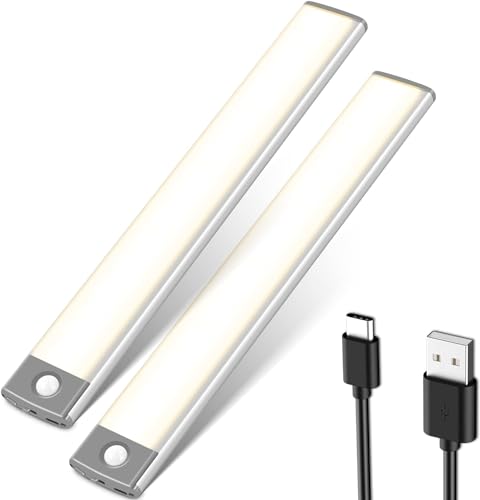 MOSTON Schrankbeleuchtung LED mit Bewegungsmelder Schranklicht Schrankleuchte LED Leiste Batterie USB Wiederaufladbar Für Kleiderschrank,Treppe,Kofferraum, 2 Stück, 3 Farben von MOSTON