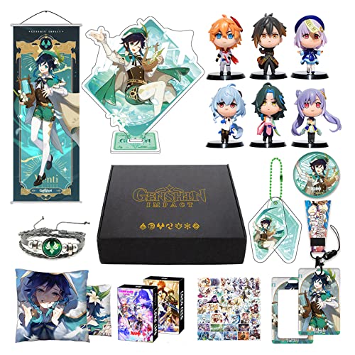 Genshin Impact Merch Box Venti Geschenkbox inkl. Poster, 6 Figuren, Stand Figur, Kissenbezug, Armband, Abzeichen, Schlüsselanhänger, Kartenhalter, 30 Lomo Karten, 50 Aufkleber von MOTAO