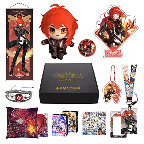 MOTAO Genshin Impact Box Diluc Merch Set - Plüschpuppe, Poster, Kissenbezug, Standfigur, Armband, Abzeichen, Schlüsselanhänger, Kartenhalter, 30 Lomo Karten, 50 Aufkleber (Diluc) von MOTAO