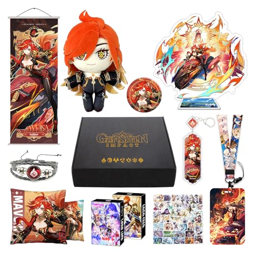 MOTAO Genshin Impact Box Mavuika Merch Set - Plüschpuppe, Poster, Kissenbezug, Acrylständer, Armband, Abzeichen, Schlüsselanhänger, Kartenhalter, 30 Lomo Karten, 50 Aufkleber (Mavuika) von MOTAO