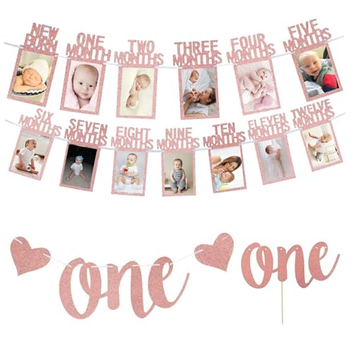 1. Geburtstag Babyfoto Banner und 1. Geburtstagsdekorationen Erstes Geburtstagsdekorationen für Mädchen Neugeborene bis 12 Monate Erstes Geburtstagsfoto Banner Bunting Garland mit einem Kuchen T von MOUNTTU