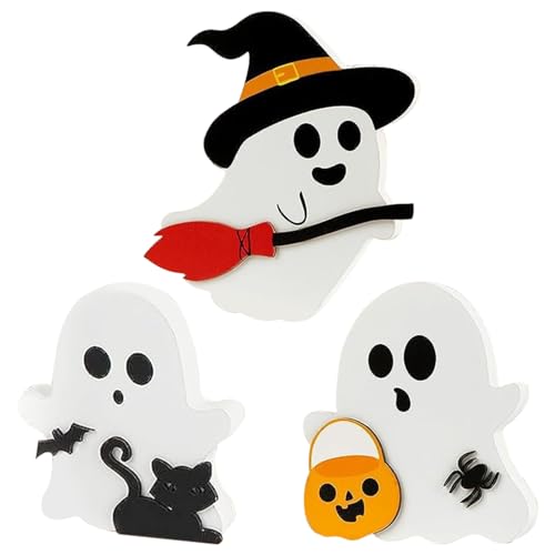 MOUNTTU 3pcs Ghost Stufe Tablett Dekor süße Ghost Halloween Dekorationen Holzstehen Ghost Dekor mit schwarzer Katzenfledermaus Witch Hut Besen Kürbis für Party -Home -Regal Display von MOUNTTU