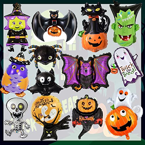 MOUTAS 13 Pcs Halloween Ballons,Halloween Folienballons,Halloween Party Dekoration Set,Kürbis Spinne Geist Skelett Fledermaus Hexe Ballon,Halloween Party Dekoration für Bar, Zuhause, Büro, Schule von MOUTAS