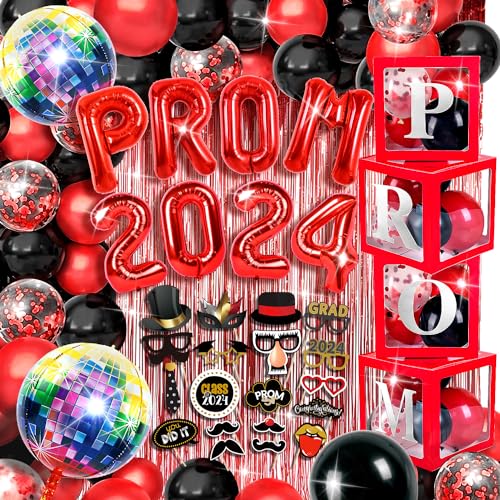 MOVINPE Balldekorationen für Party 2024, Promenade Party Supplies Graduation Prom 2024 Ballon Box Ballon Girlande Bogen Folie Fransen Vorhang Disco Ball Photo Booth Requisiten Hintergrund Dekor Rot & von MOVINPE