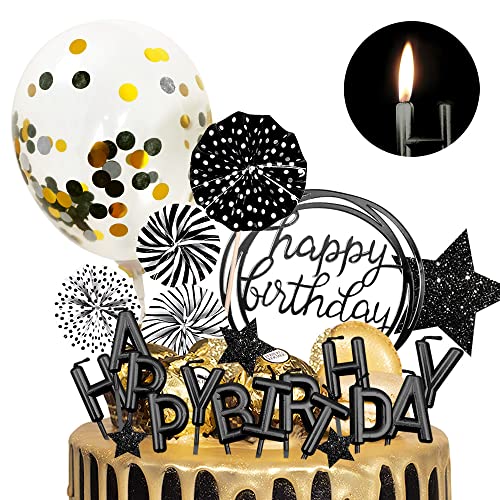 MOVINPE Schwarze Tortendekoration mit Happy Birthday Kerzen Geburtstag Banner Konfetti Ballon Papier Fans Glitzer Stern Cupcake Topper für Schwarz Thema Party Dekor Geburtstag Party von MOVINPE